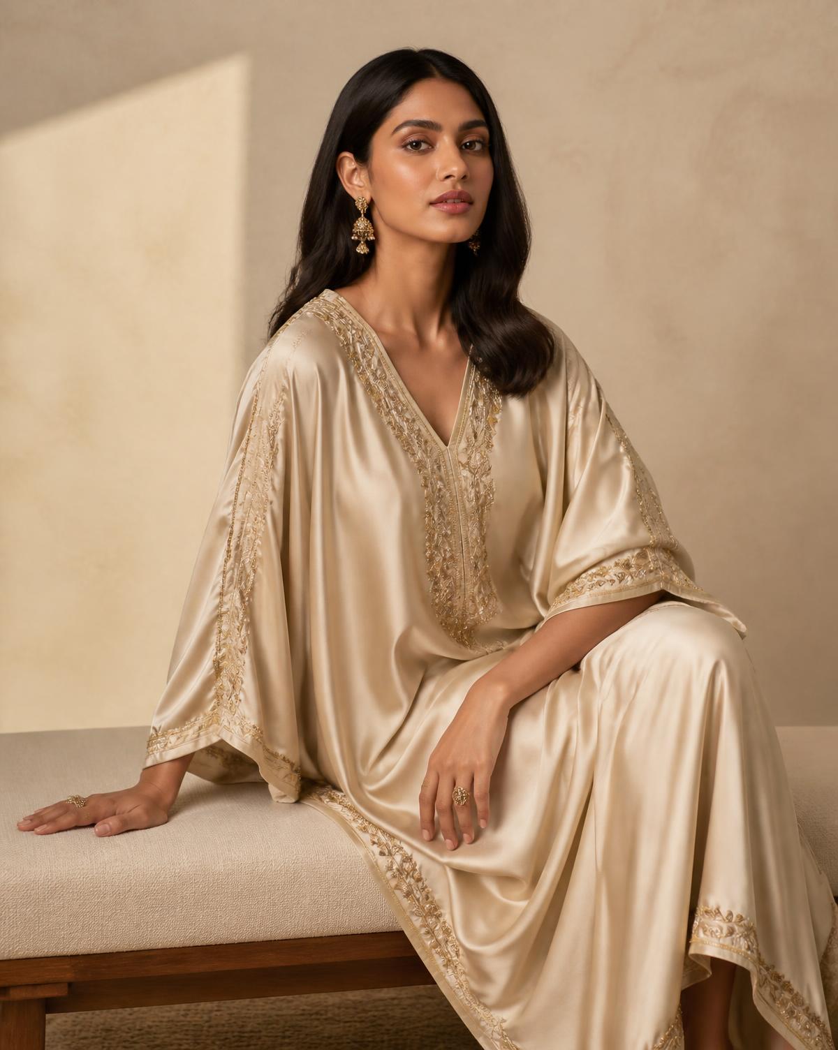 RHAY champagne silk kaftan editorial